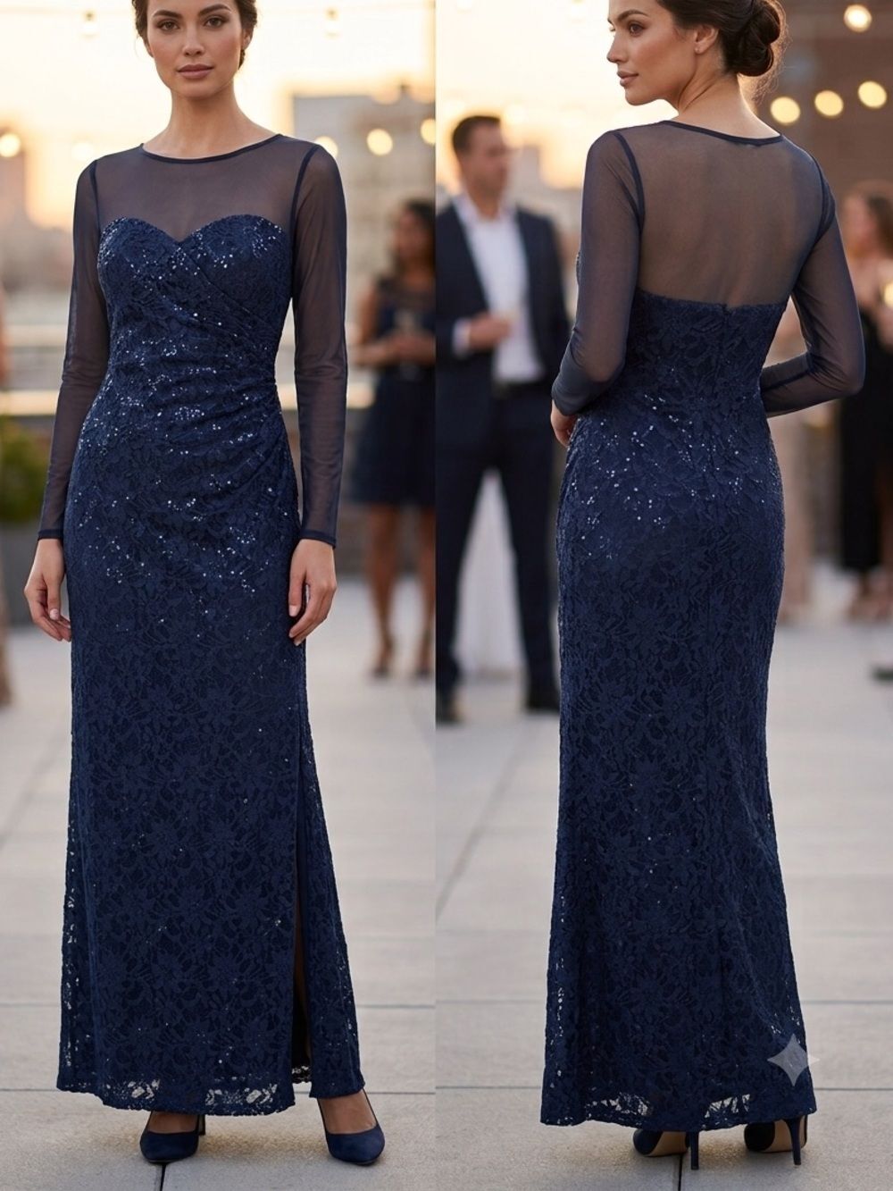 Lauren Ralph Evening Maxi Dress 8 Navy Lace Sequin Sheer Long Sleeve Gown Ruched